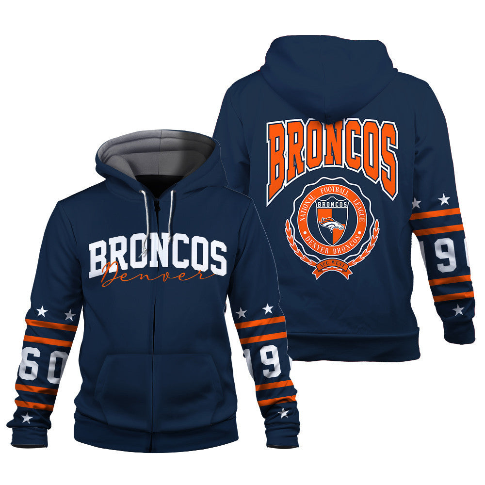 Denver Broncos Striped Rib-Knit Design & Foundation Anniversary Graphics 3D Zip Hoodie