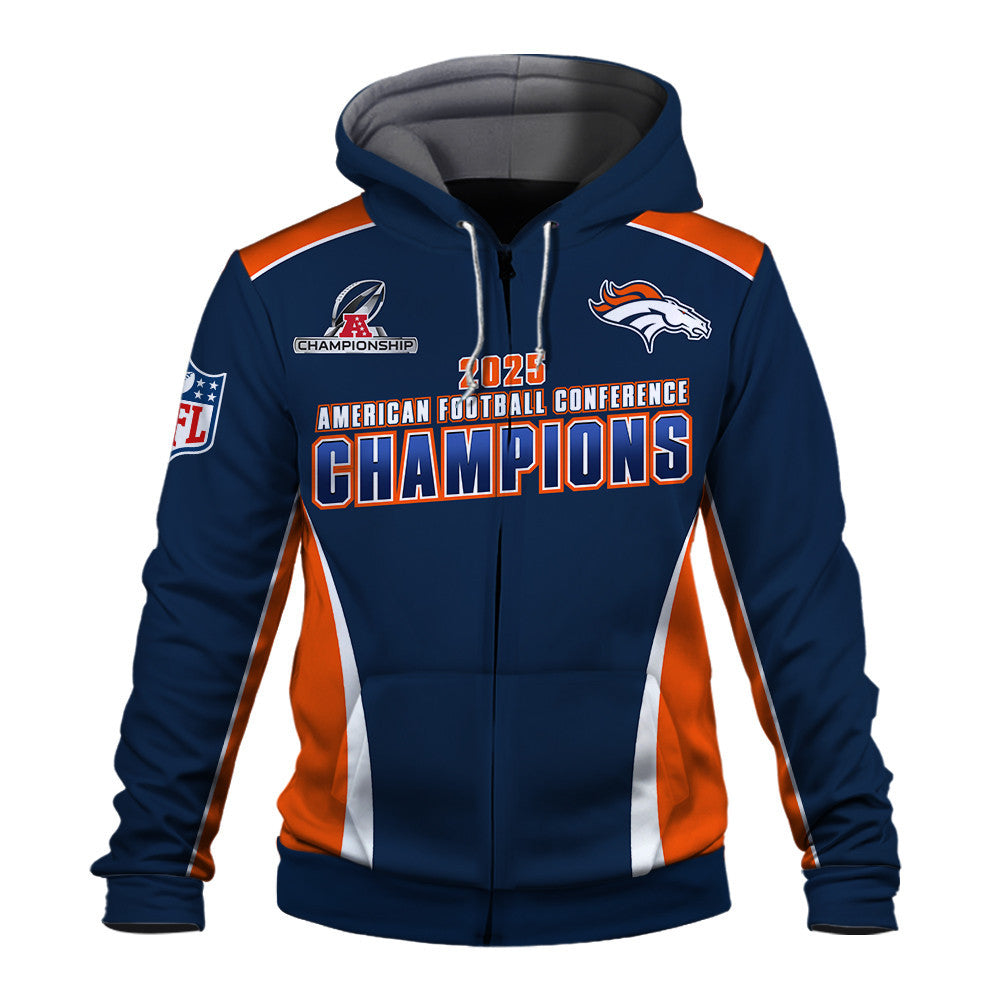 Denver Broncos 2025 AFC Champions – The Peak of Glory Is Back 3D Zip Hoodie