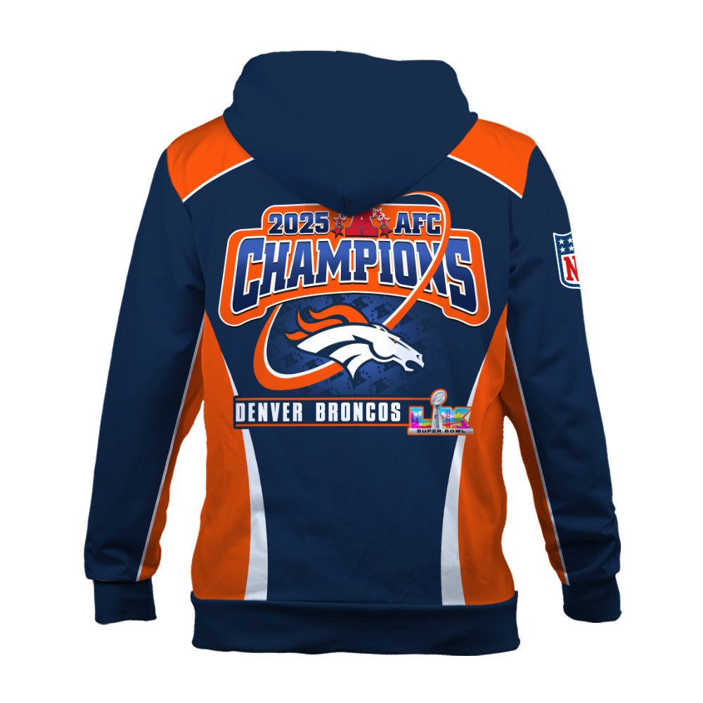 Denver Broncos 2025 AFC Champions – The Peak of Glory Is Back 3D Zip Hoodie