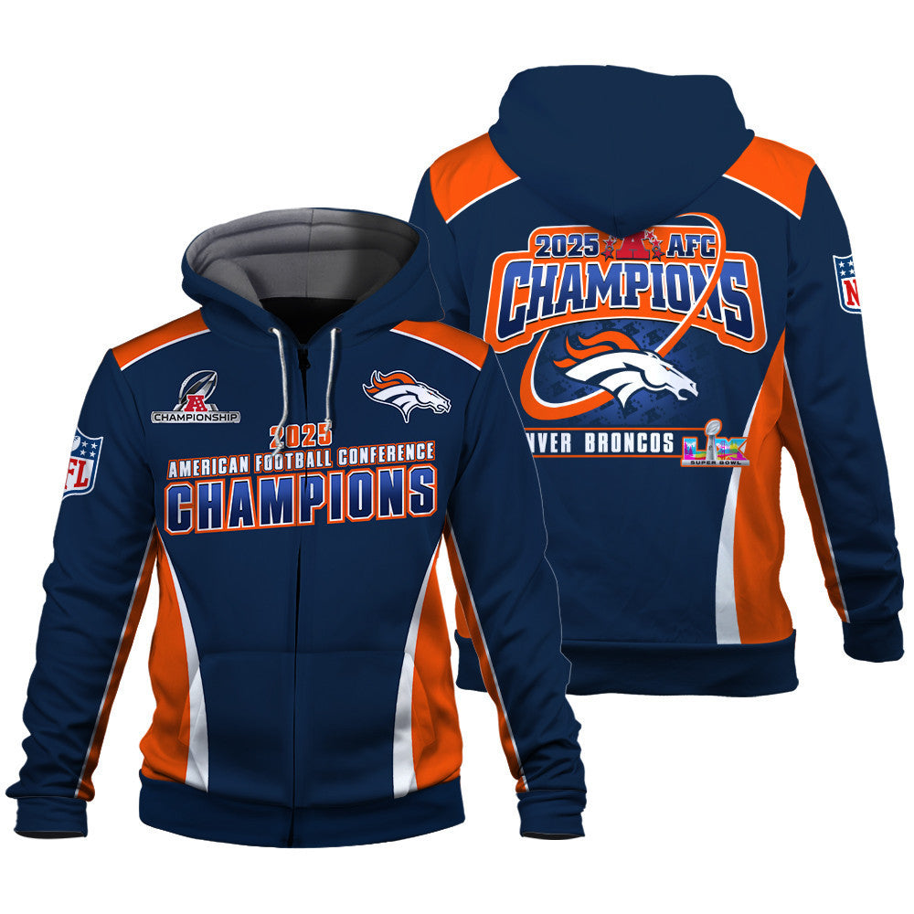 Denver Broncos 2025 AFC Champions – The Peak of Glory Is Back 3D Zip Hoodie