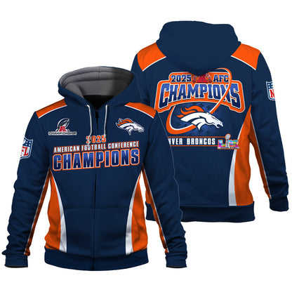 Denver Broncos 2025 AFC Champions – The Peak of Glory Is Back 3D Zip Hoodie