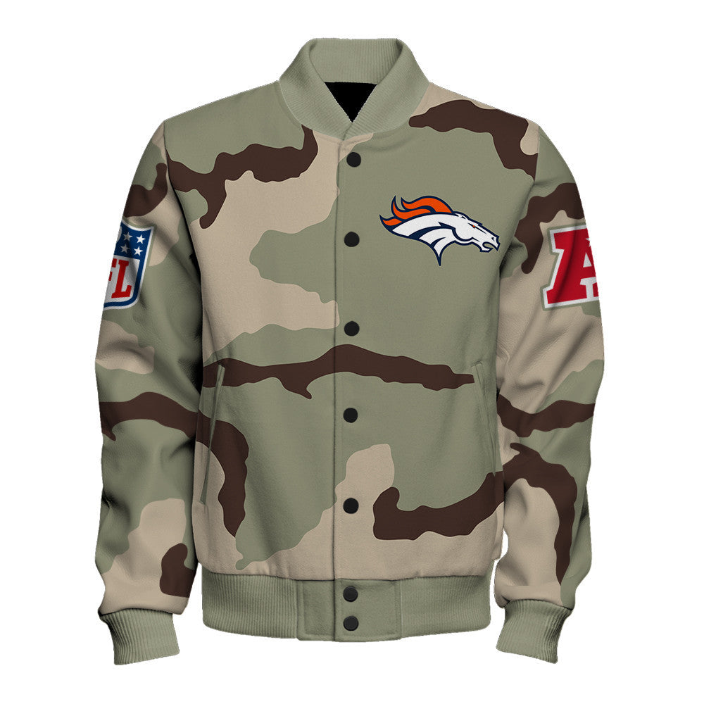 Denver Broncos Unique Military Green Design, Large Logo On The Back Varsity Jacket