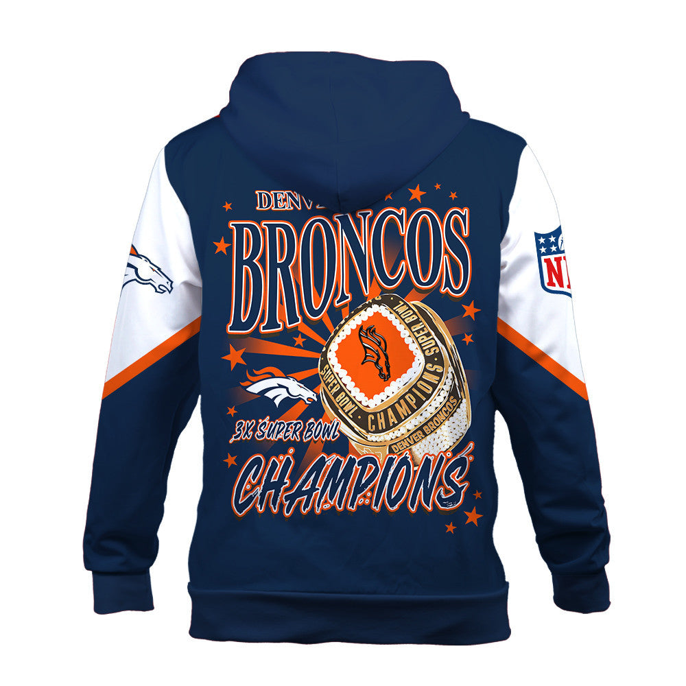 NFL Denver Broncos 3X Super Bowl Champions Gold Ring 3D Zip Hoodie