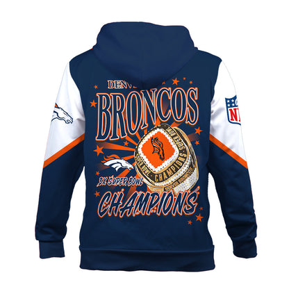 NFL Denver Broncos 3X Super Bowl Champions Gold Ring 3D Zip Hoodie