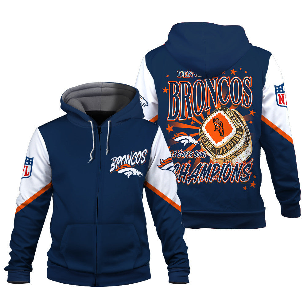 NFL Denver Broncos 3X Super Bowl Champions Gold Ring 3D Zip Hoodie