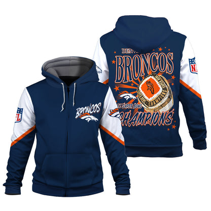 NFL Denver Broncos 3X Super Bowl Champions Gold Ring 3D Zip Hoodie
