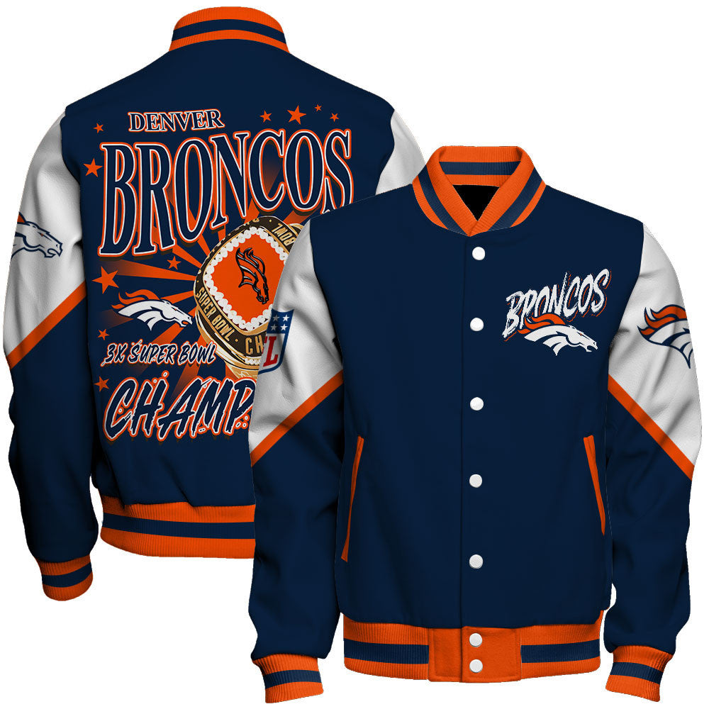 NFL Denver Broncos 3X Super Bowl Champions Gold Ring Varsity Jacket