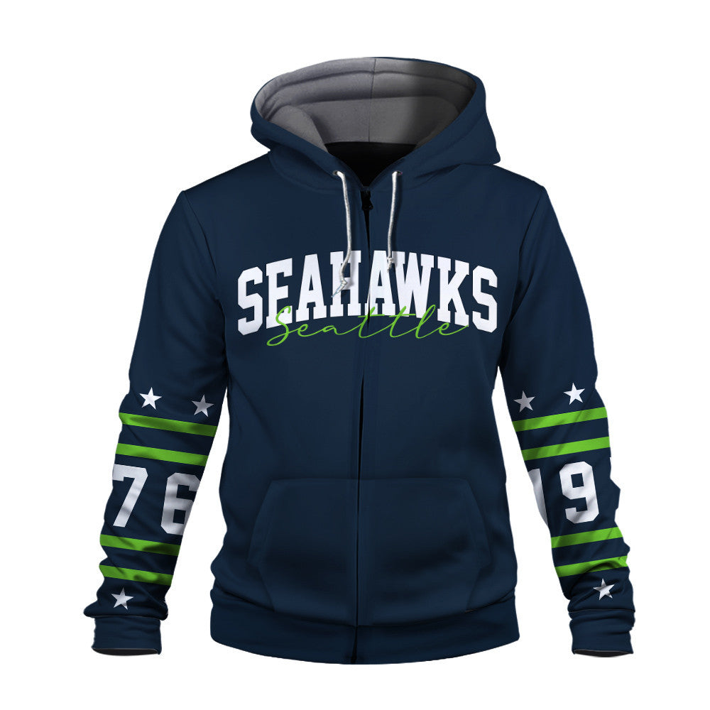Seattle Seahawks Striped Rib-Knit Design & Foundation Anniversary Graphics 3D Zip Hoodie