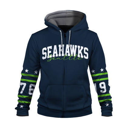Seattle Seahawks Striped Rib-Knit Design & Foundation Anniversary Graphics 3D Zip Hoodie