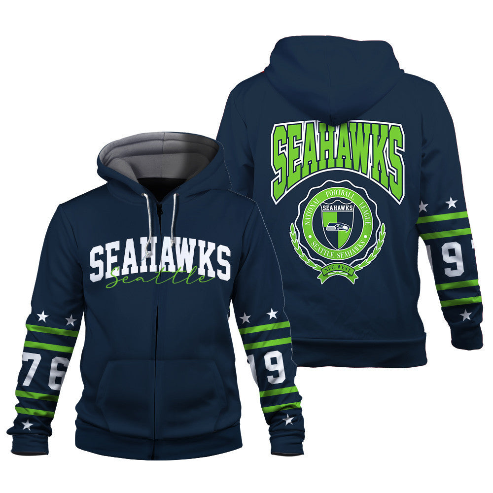 Seattle Seahawks Striped Rib-Knit Design & Foundation Anniversary Graphics 3D Zip Hoodie