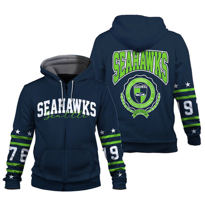 Seattle Seahawks Striped Rib-Knit Design & Foundation Anniversary Graphics 3D Zip Hoodie