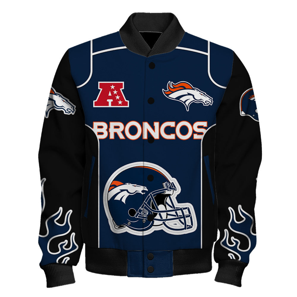 Denver Broncos Show Your Passion With The Fiery Design Varsity Jacket