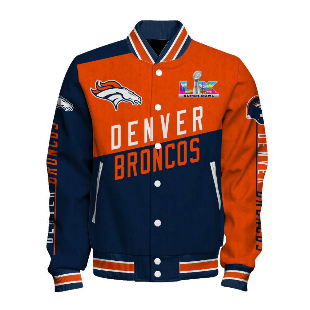 Denver Broncos Angular Cut Design and Super Bowl Logo LX Varsity Jacket