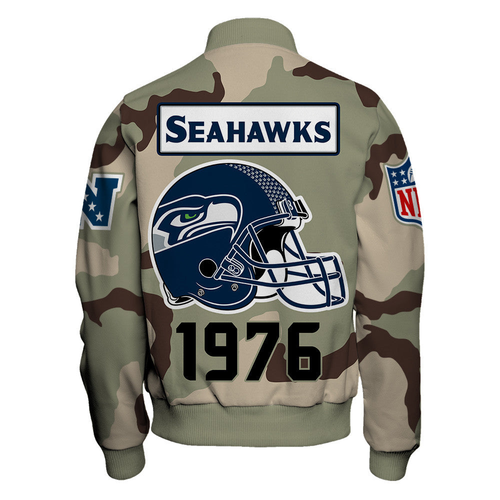 Seattle Seahawks Unique Military Green Design, Large Logo On The Back Varsity Jacket