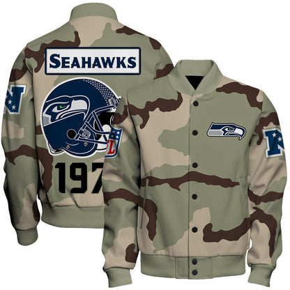 Seattle Seahawks Unique Military Green Design, Large Logo On The Back Varsity Jacket