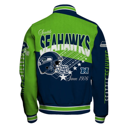 Seattle Seahawks Angular Cut Design and Super Bowl Logo LX Varsity Jacket