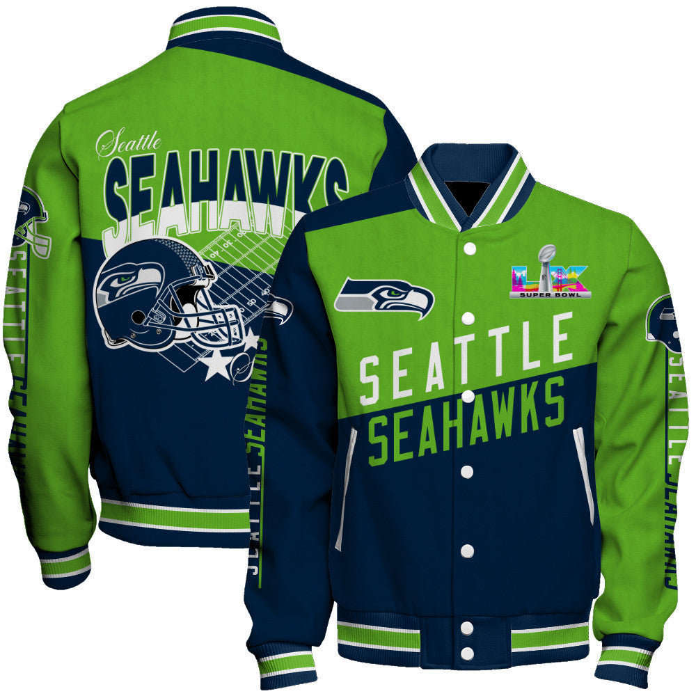 Seattle Seahawks Angular Cut Design and Super Bowl Logo LX Varsity Jacket