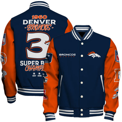NFL Denver Broncos 3X Super Bowl Champions Iconic Design Varsity Jacket