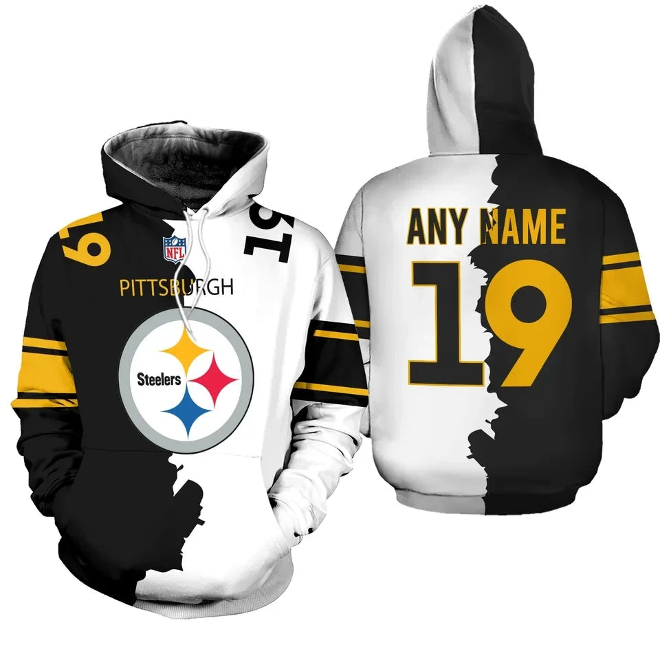 Pittsburgh Steelers Black White Contrast Personalized 3D Pullover Hoodie