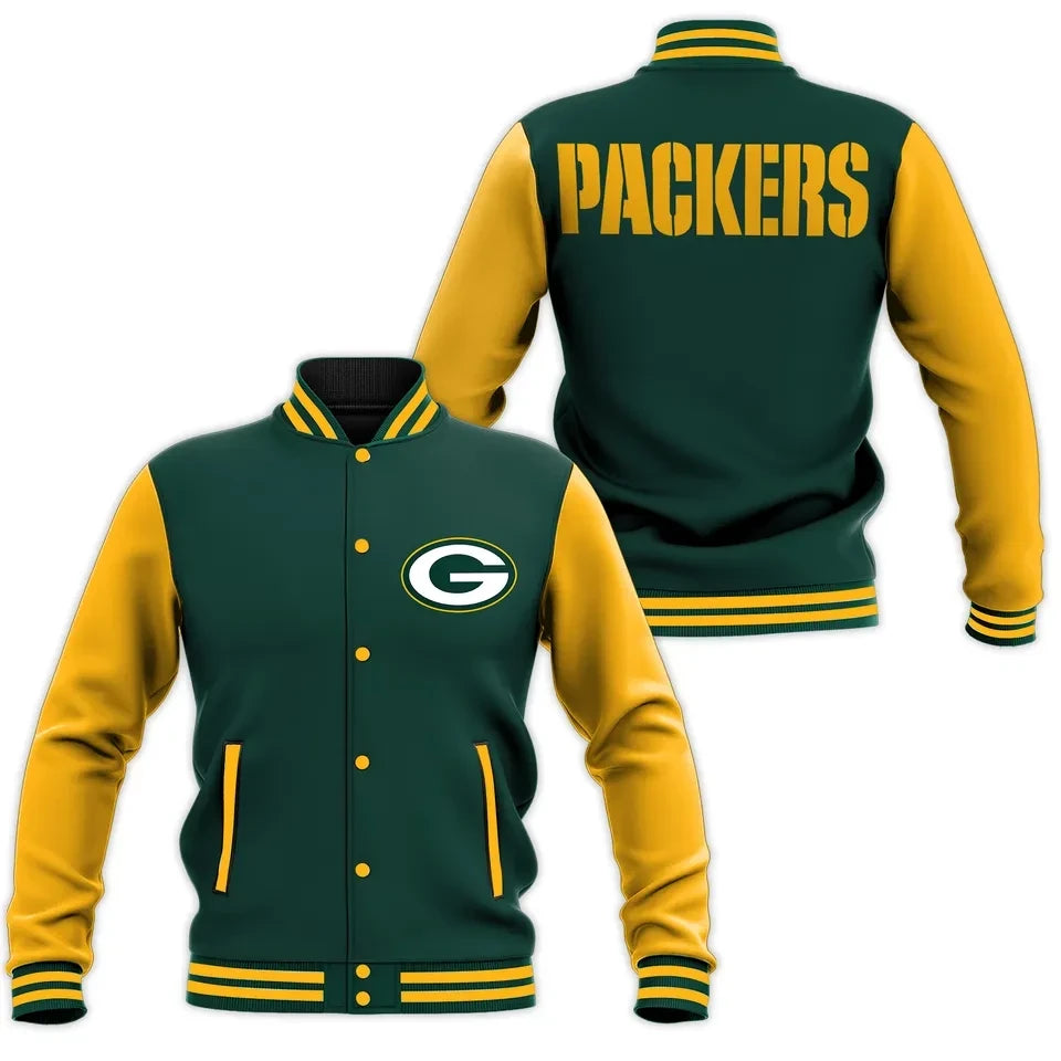 Green Bay Packers Bold Back Stencil Logo 3D Baseball Jacket