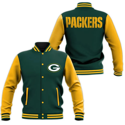 Green Bay Packers Bold Back Stencil Logo 3D Baseball Jacket