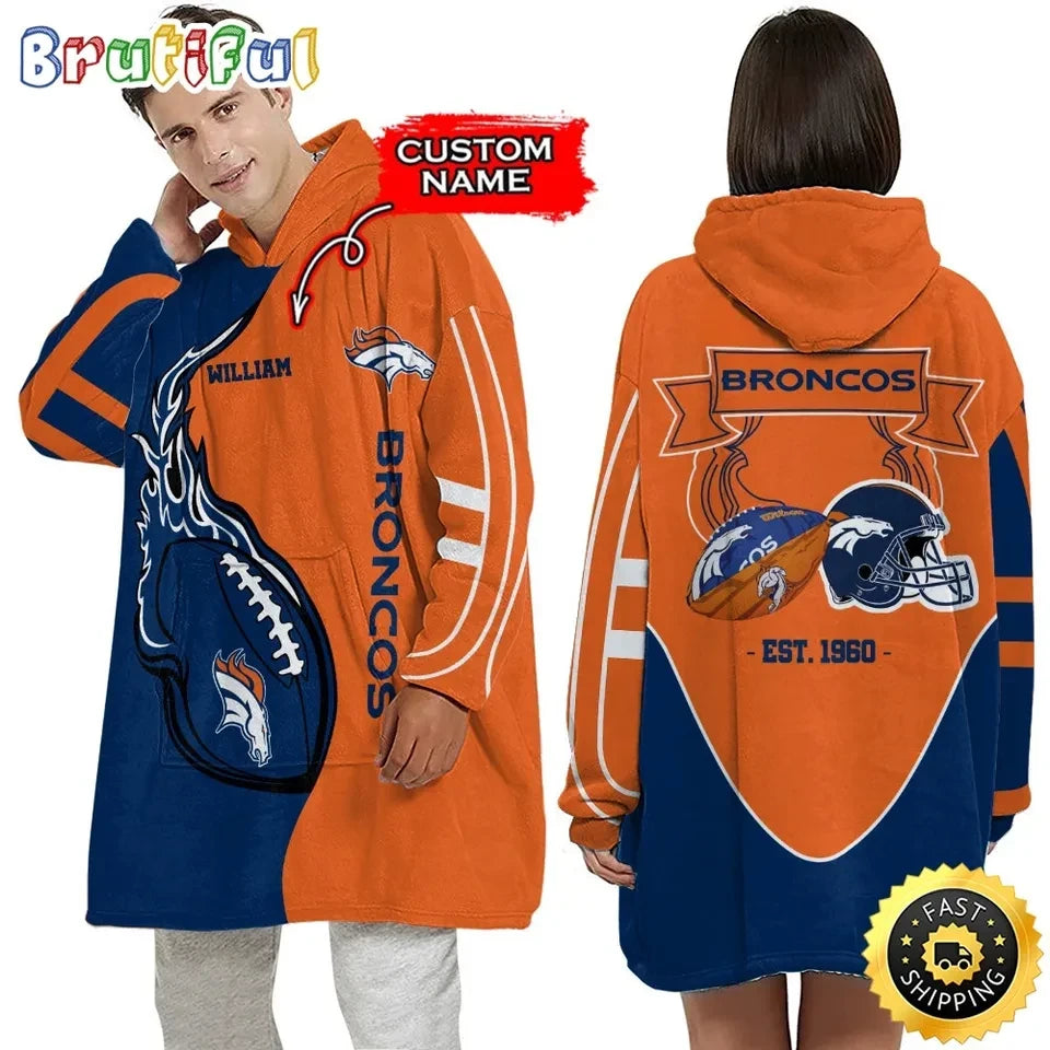 Denver Broncos Custom Name Blanket Hoodie – 3D Printed Comfort, Fierce Fan Style