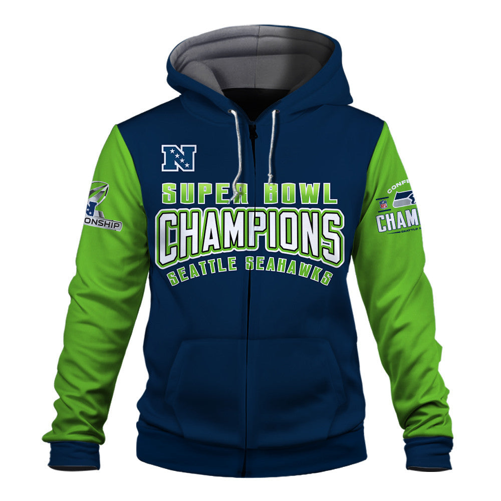 Seattle Seahawks 2025-26 NFC & Super Bowl Champions 3D Zip Hoodie
