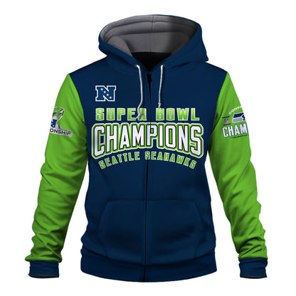Seattle Seahawks 2025-26 NFC & Super Bowl Champions 3D Zip Hoodie