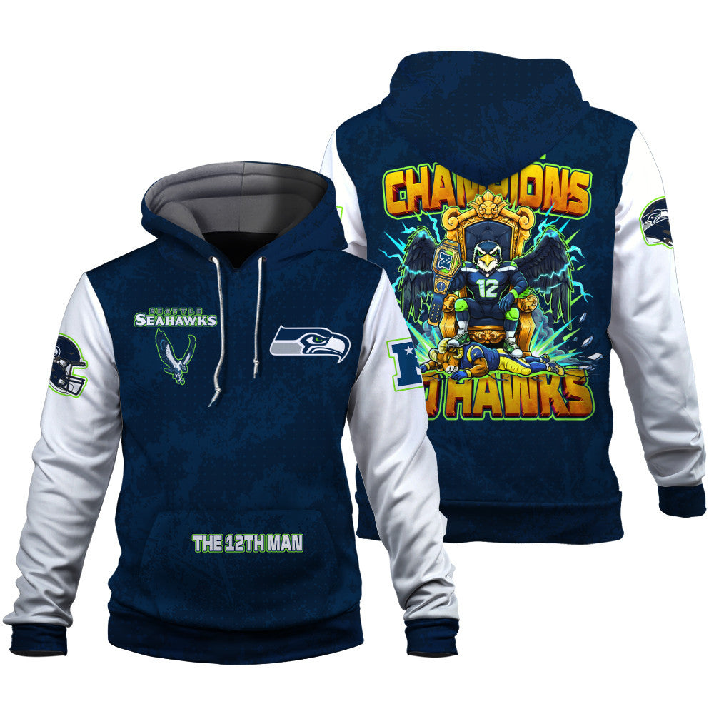Seattle Seahawks 2025 NFC Champions Mascot Style 3D Hoodie