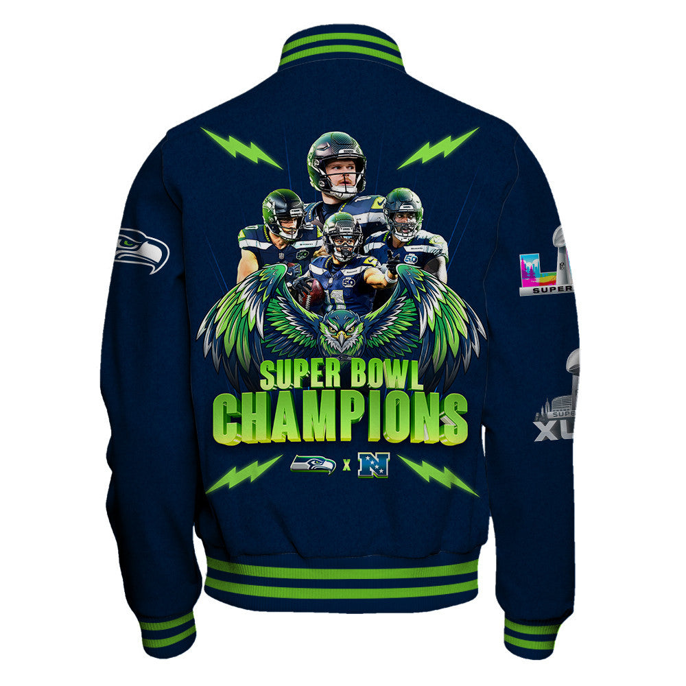 Seattle Seahawks Super Bowl LX Champions Graphic Design Varsity Jacket