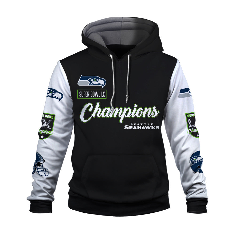 Seattle Seahawks Super Bowl LX Champions Wordmark 3D Hoodie