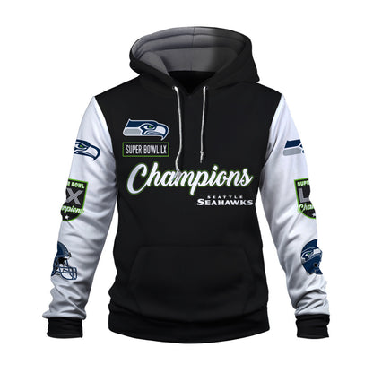 Seattle Seahawks Super Bowl LX Champions Wordmark 3D Hoodie