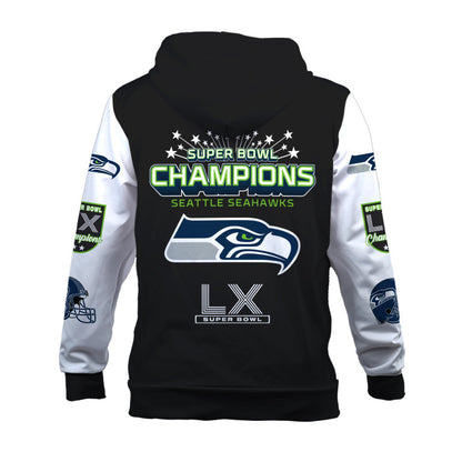 Seattle Seahawks Super Bowl LX Champions Wordmark 3D Hoodie