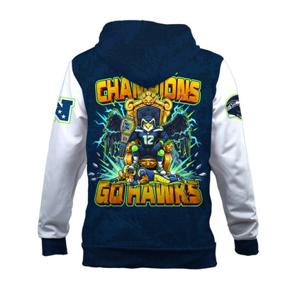 Seattle Seahawks 2025 NFC Champions Mascot Style 3D Zip Hoodie