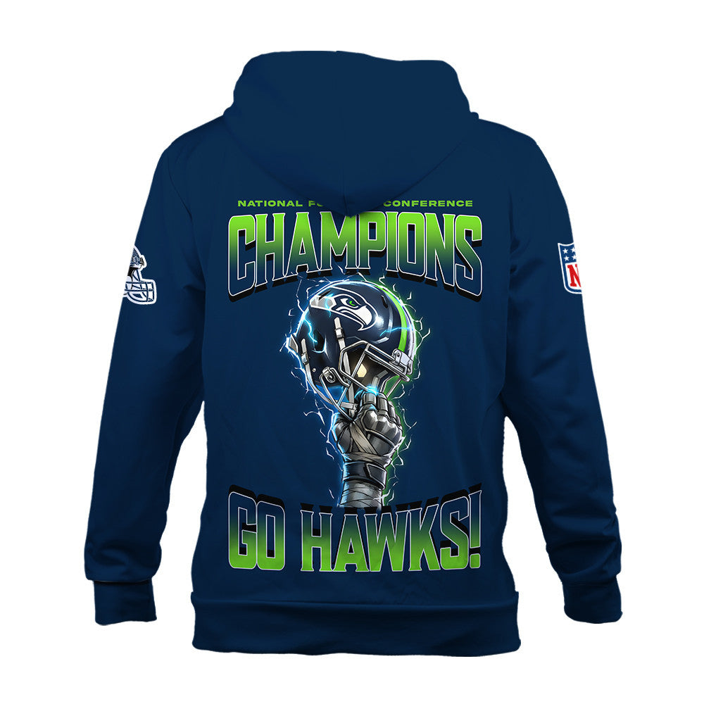 Seattle Seahawks NFC Champions 2025 – Fiery Lightning Hoodie