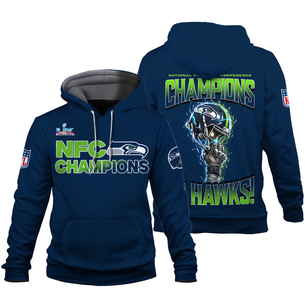 Seattle Seahawks NFC Champions 2025 – Fiery Lightning Hoodie