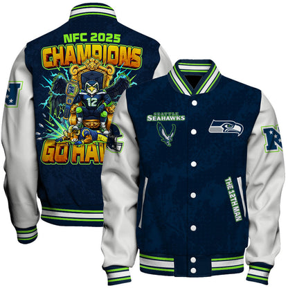 Seattle Seahawks 2025 NFC Champions Mascot Style Varsity Jacket
