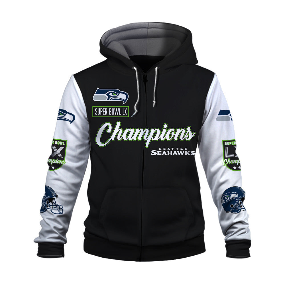 Seattle Seahawks Super Bowl LX Champions Wordmark 3D Zip Hoodie