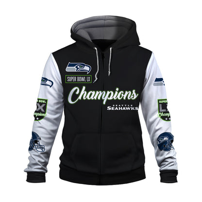 Seattle Seahawks Super Bowl LX Champions Wordmark 3D Zip Hoodie