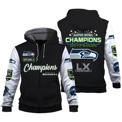 Seattle Seahawks Super Bowl LX Champions Wordmark 3D Zip Hoodie