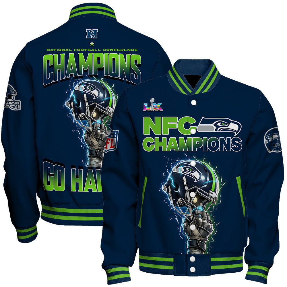Seattle Seahawks NFC Champions 2025 – Fiery Lightning Varsity Jacket