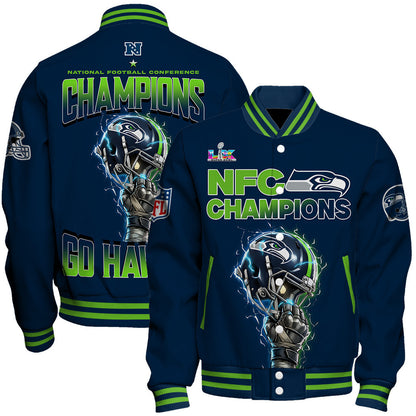 Seattle Seahawks NFC Champions 2025 – Fiery Lightning Varsity Jacket