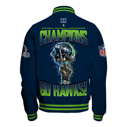Seattle Seahawks NFC Champions 2025 – Fiery Lightning Varsity Jacket