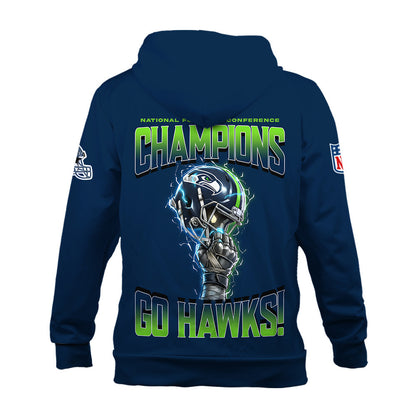 Seattle Seahawks NFC Champions 2025 – Fiery Lightning Zip Hoodie
