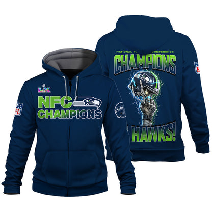Seattle Seahawks NFC Champions 2025 – Fiery Lightning Zip Hoodie