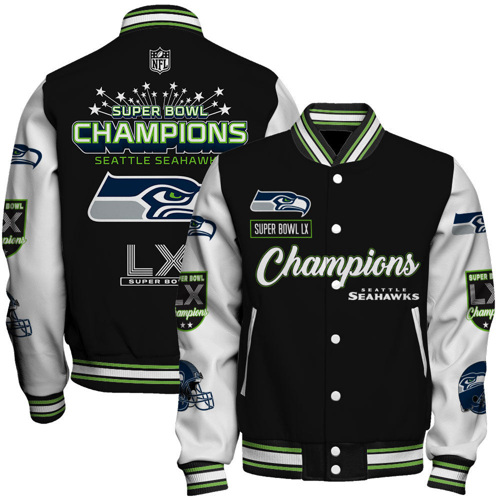 Seattle Seahawks Super Bowl LX Champions Wordmark Varsity Jacket