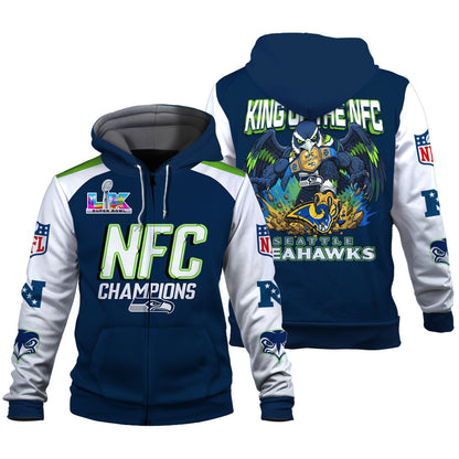 Seattle Seahawks King of The NFC 2025-26 Champions 3D Zip Hoodie