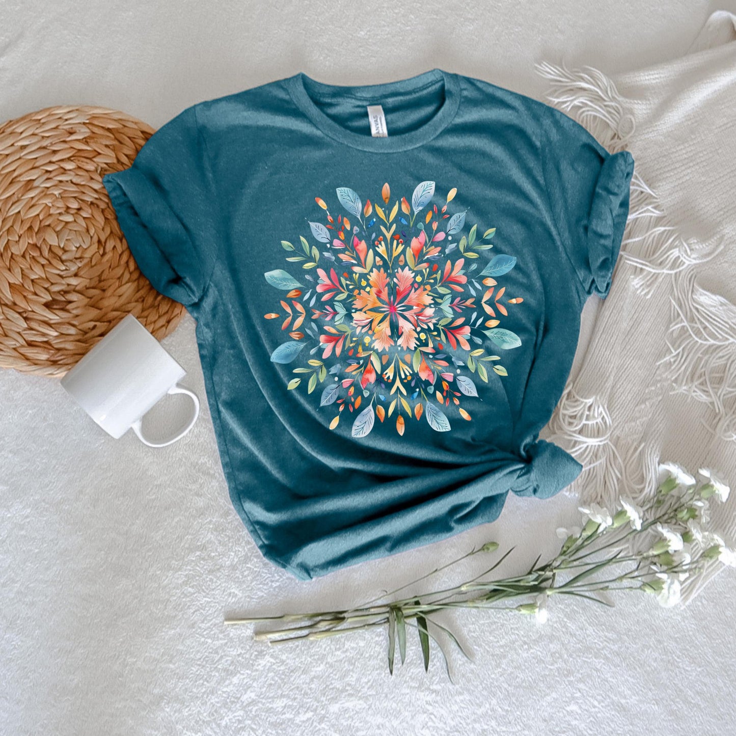 Boho Yoga Floral Mandala Shirt, Spiritual Gift for Her, Meditation Tshirt