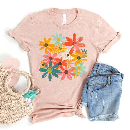 Summer Retro Floral Shirt for Women, Boho Flower Tee, Spring Summer Top, Gift for Her