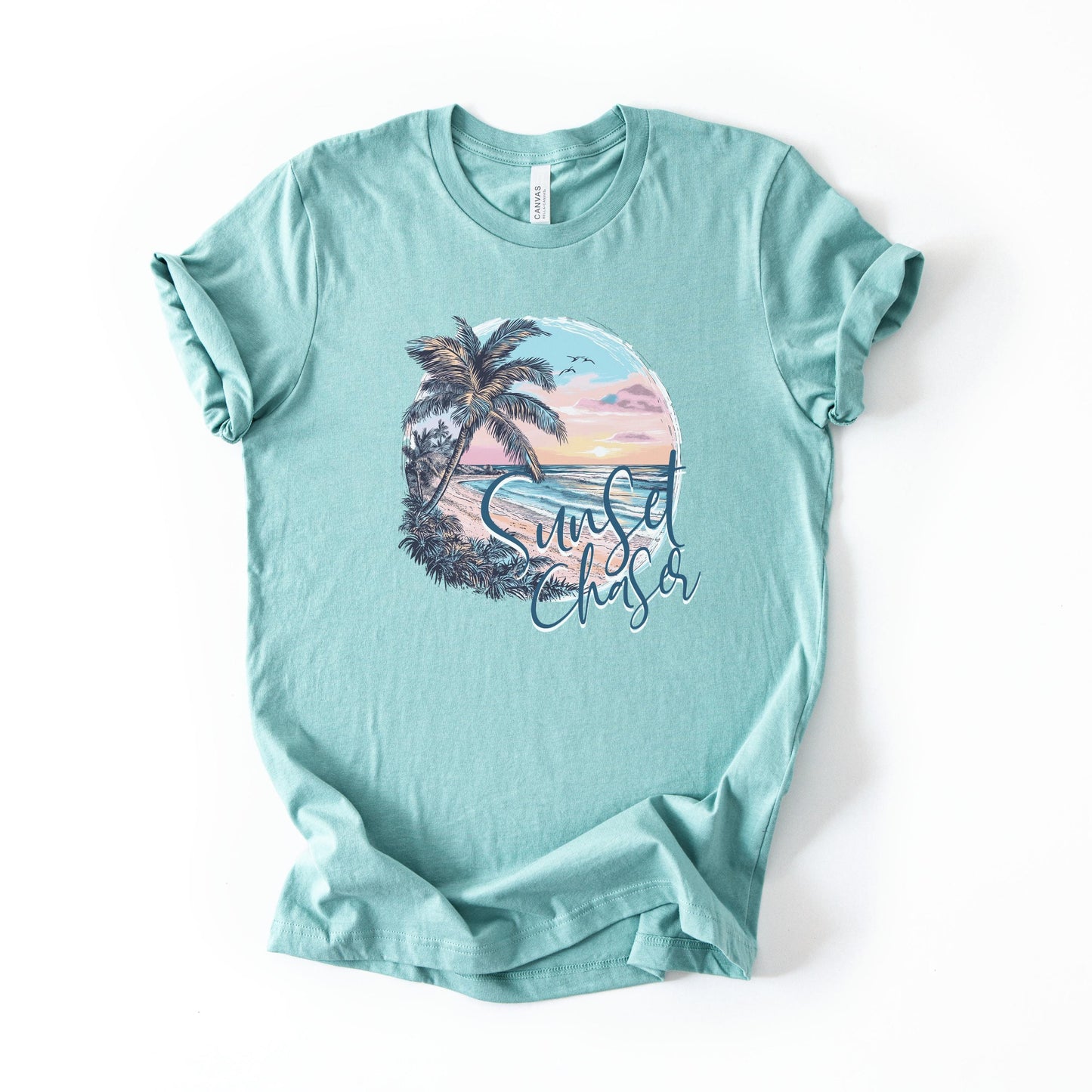 Sunset Chaser Tee, Summer Tee-Shirt, Beach Lover Gift, Island Beach Vacation Shirt, Women's Palm Tree Shirt, Gifted for Her, Beachy Shirts